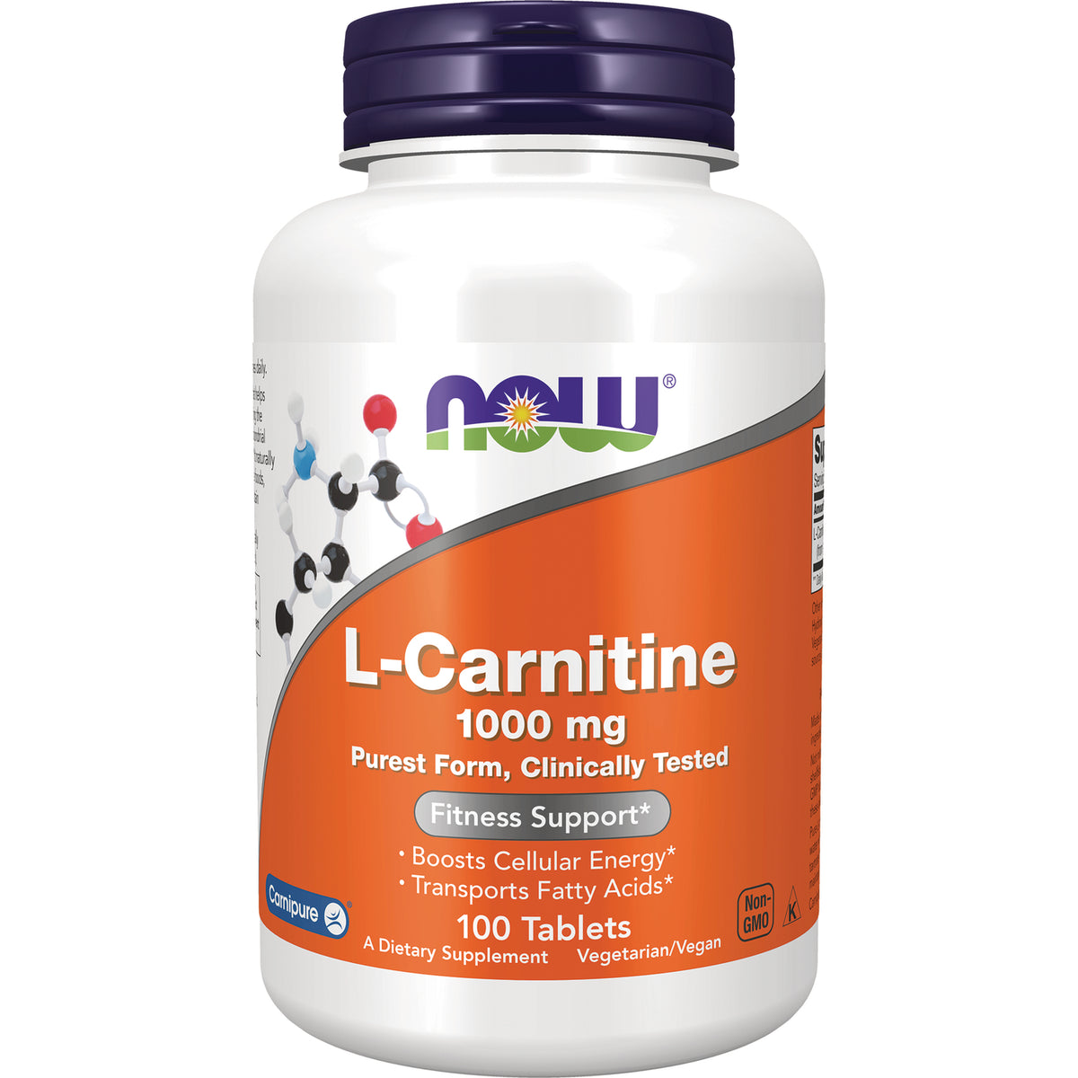 NWF1053 | NOW L-Carnitine 1000 mg white bottle with orange label, 100 tablets dietary supplement