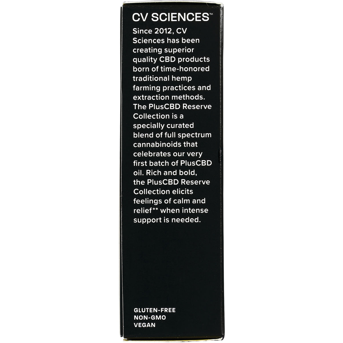 Black box back labeled CV SCIENCES with product description and text GLUTEN-FREE NON-GMO VEGAN