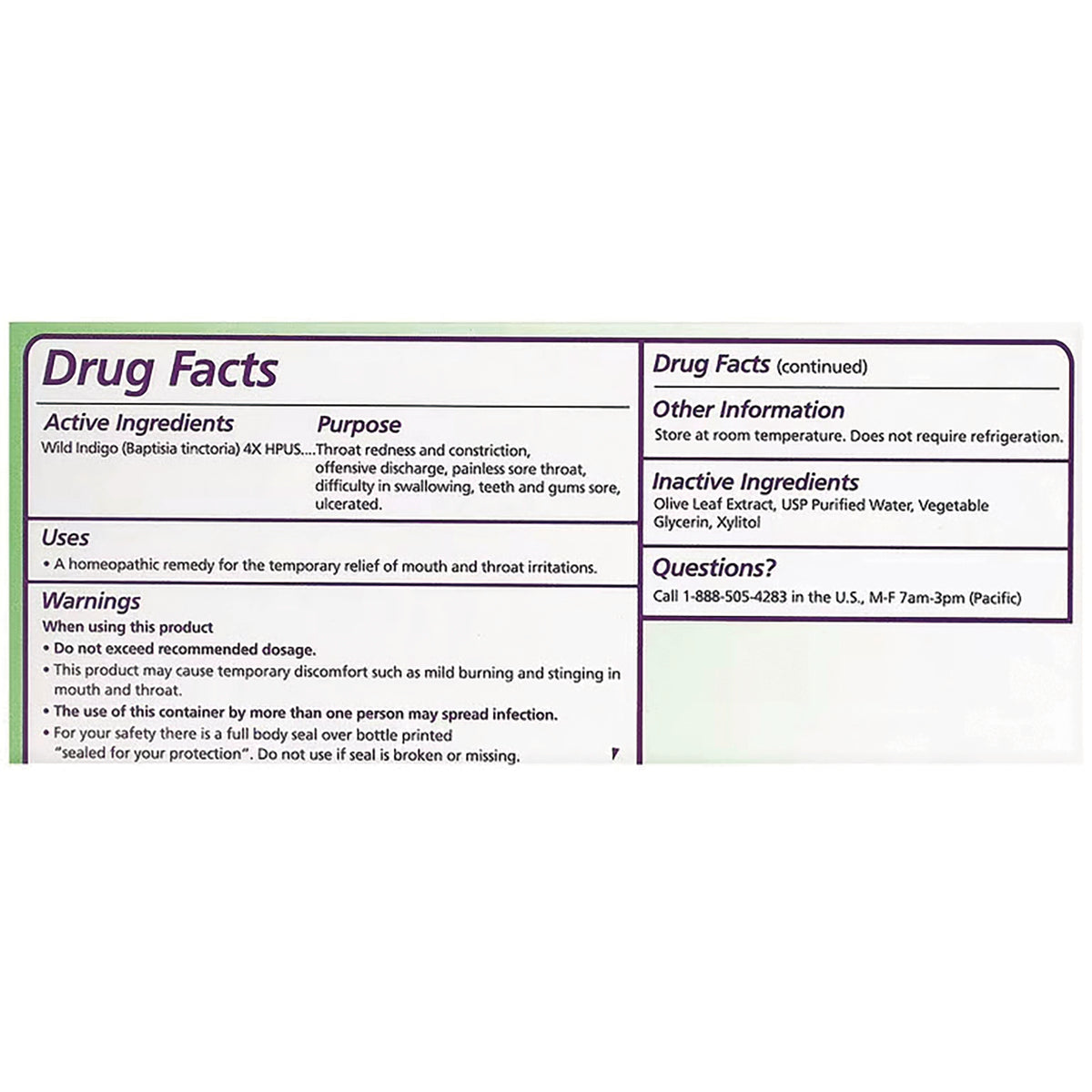 SEG006 | back label showing Drug Facts table with active and inactive ingredients, uses and warnings