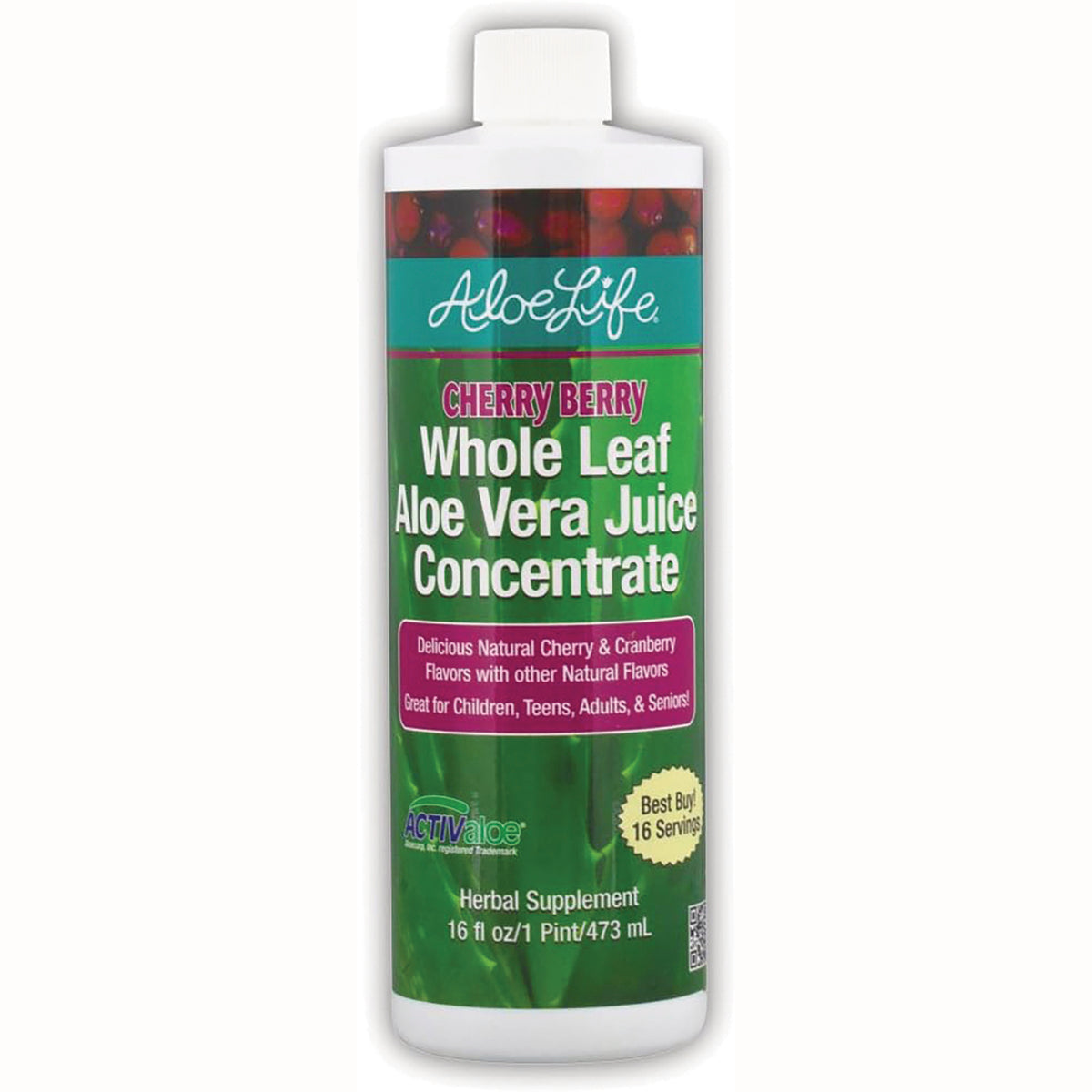 ALI002 | Aloe Life Cherry Berry Whole Leaf Aloe Vera Juice Concentrate, 16 fl oz bottle (front label)