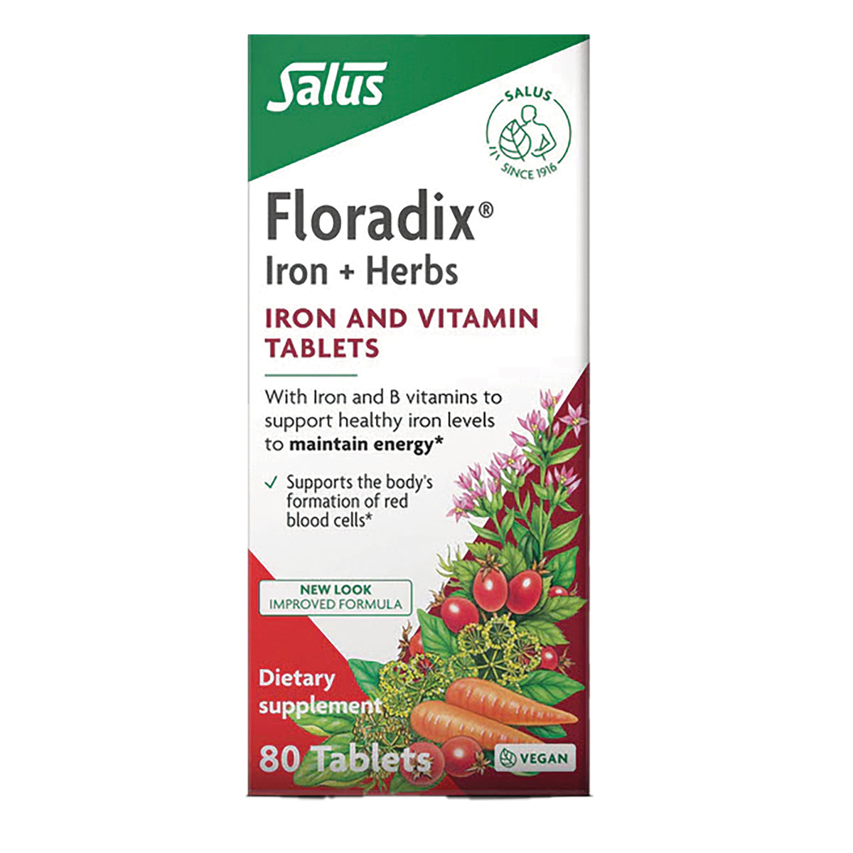 FDX007 | Floradix Iron + Herbs box showing iron and vitamin tablets dietary supplement, 80 tablets, vegan