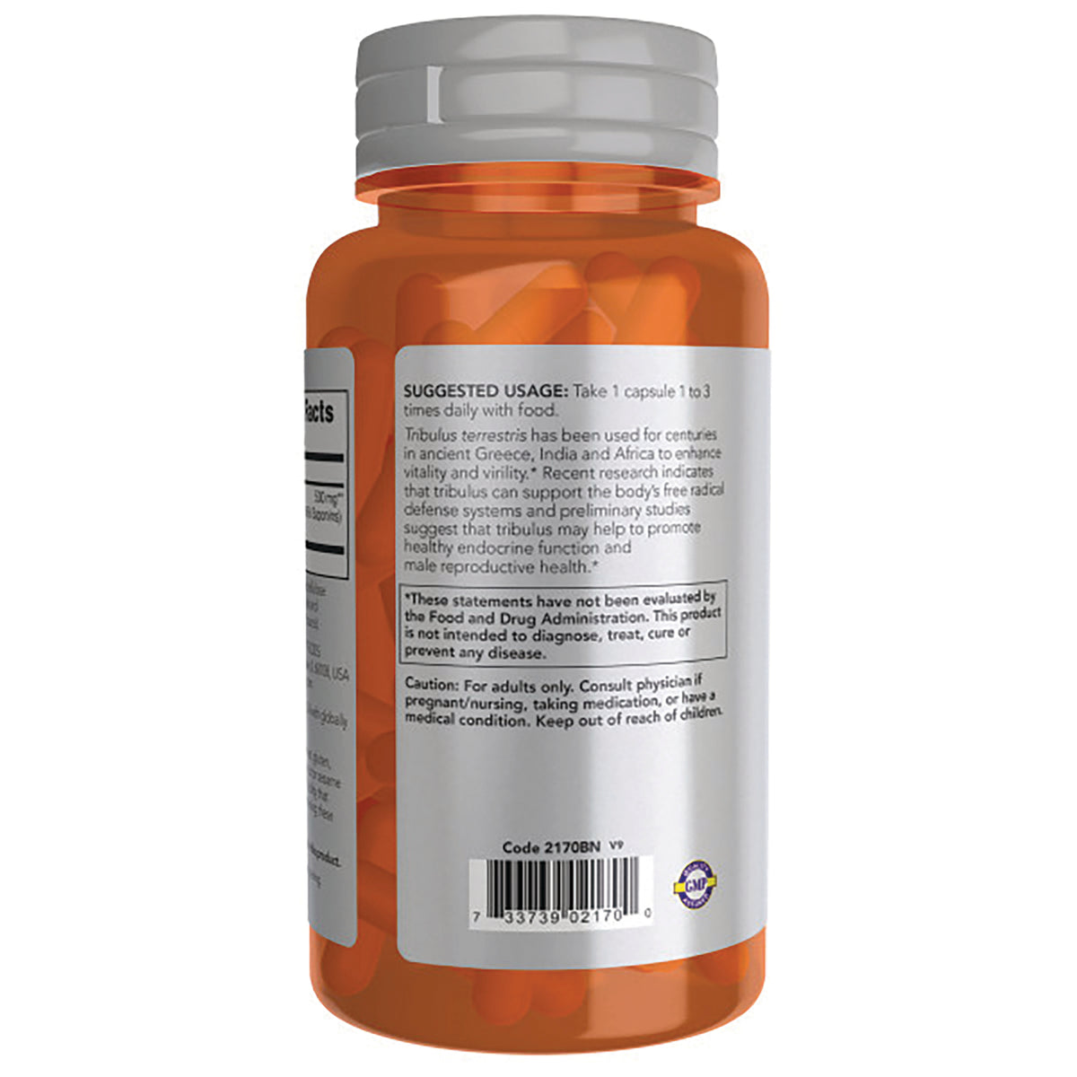 NWF356 | Back of orange supplement bottle with silver label showing suggested usage, warnings, and barcode