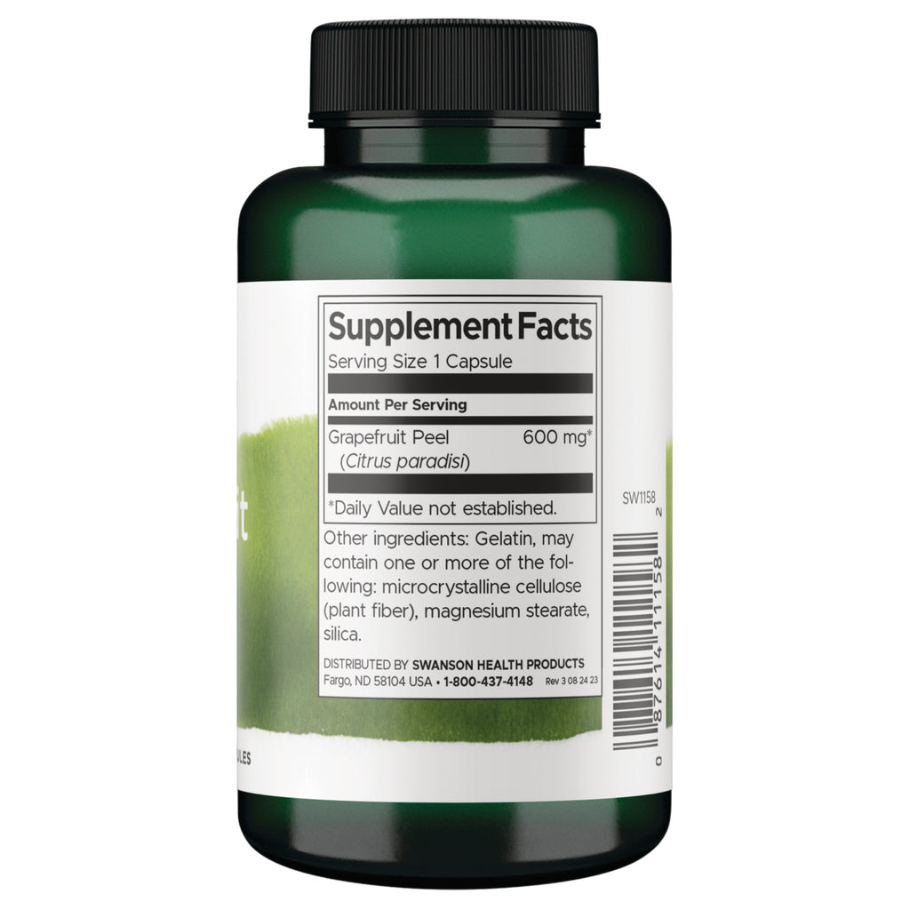SW1158 | Back label with Supplement Facts panel for grapefruit peel 600 mg capsules; ingredients and distributor info - Thumbnail