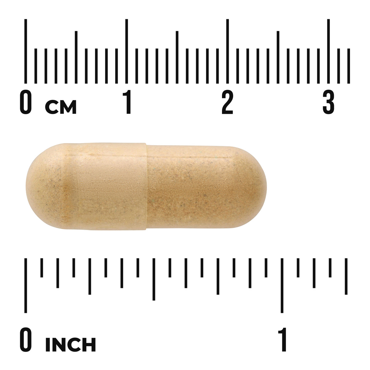 SWC038 | Capsule size shown against ruler with 03 cm and 01 inch markings, text: CM and INCH