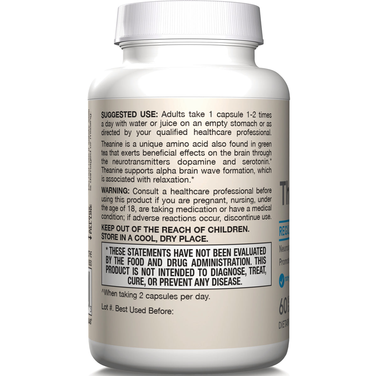 JR045 | Back label of supplement bottle showing suggested use, warnings, and FDA disclaimer
