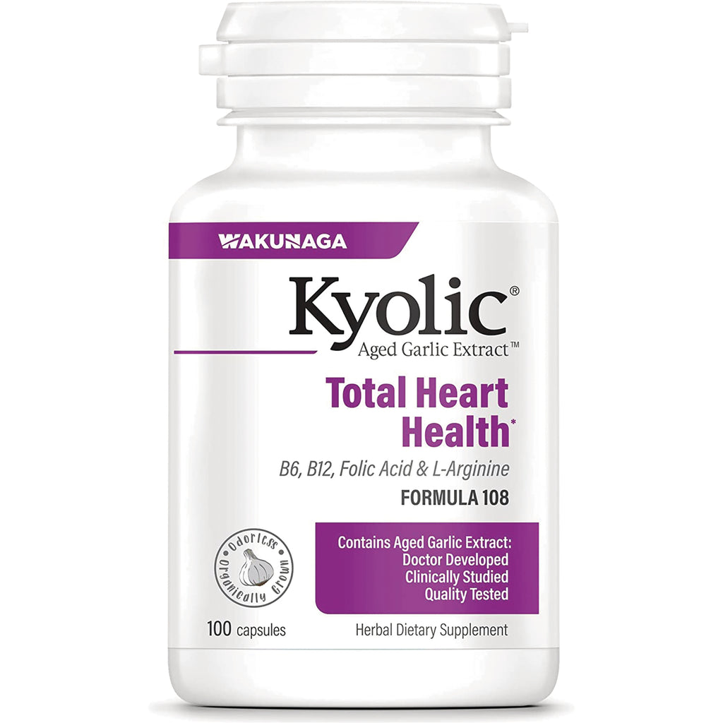 KY075 | Kyolic Total Heart Health aged garlic extract white supplement bottle labeled 100 capsules - Thumbnail