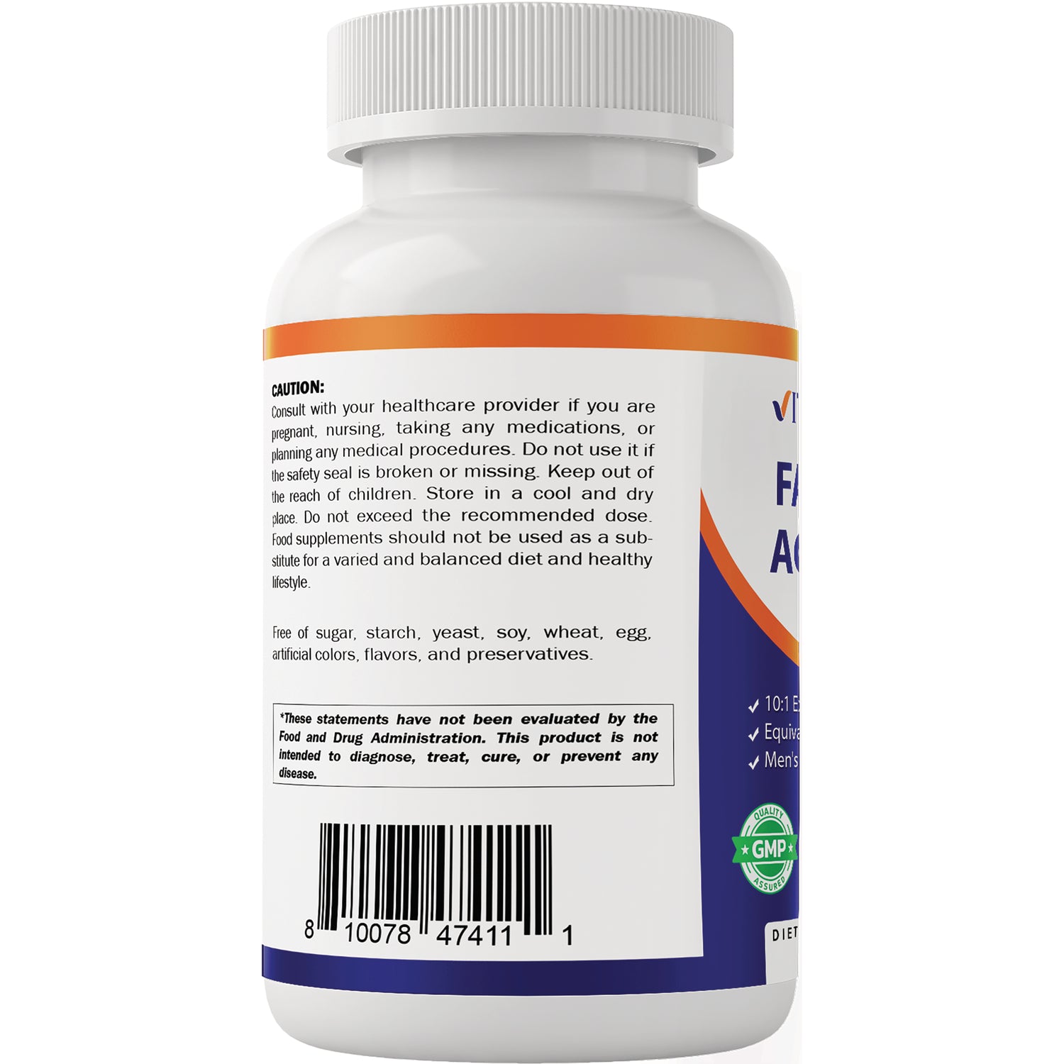 VAM010 | Back of supplement bottle with caution, allergen-free list, FDA disclaimer, barcode, and GMP seal