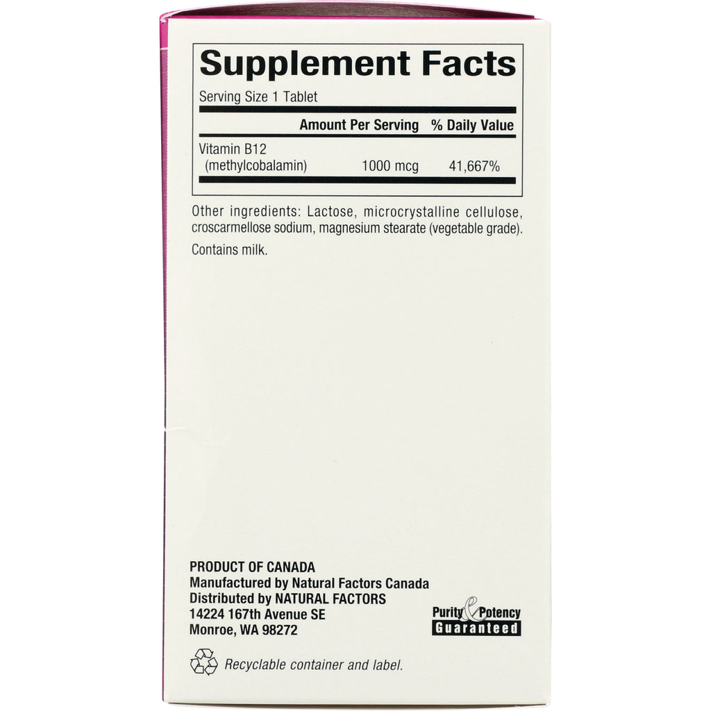 NFC107 | Back of supplement box showing Supplement Facts panel listing Vitamin B12 1000 mcg, other ingredients and manufacturer info - Thumbnail
