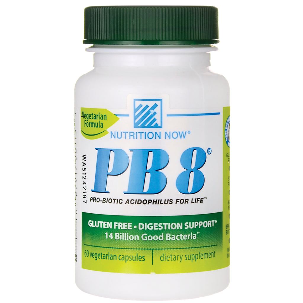 NTN029 | white supplement bottle with green cap labeled NUTRITION NOW PB8 probiotic 60 vegetarian capsules gluten free digestion support - Thumbnail
