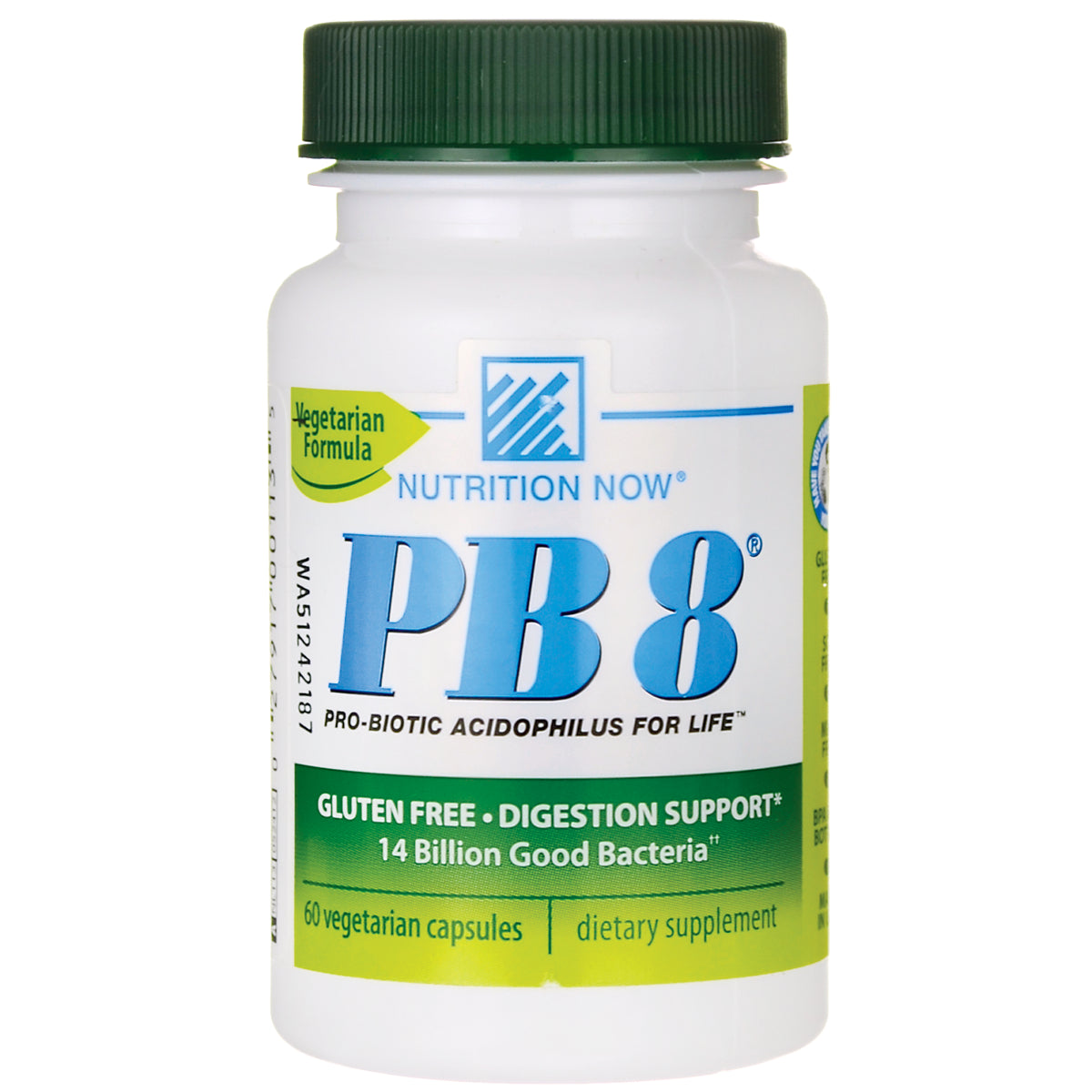 NTN029 | white supplement bottle with green cap labeled NUTRITION NOW PB8 probiotic 60 vegetarian capsules gluten free digestion support