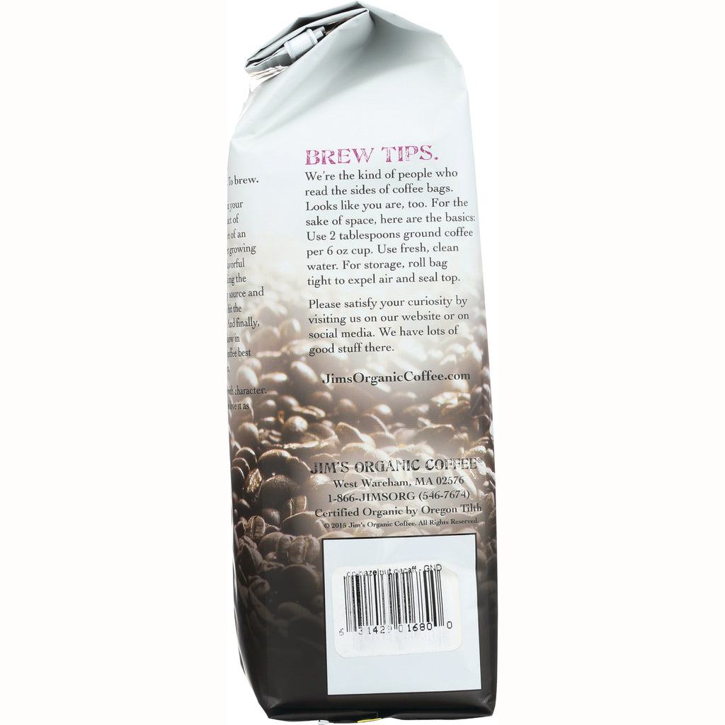 JOC010 | Back of Jim's Organic Coffee bag showing BREW TIPS text, coffee beans background and barcode - Thumbnail