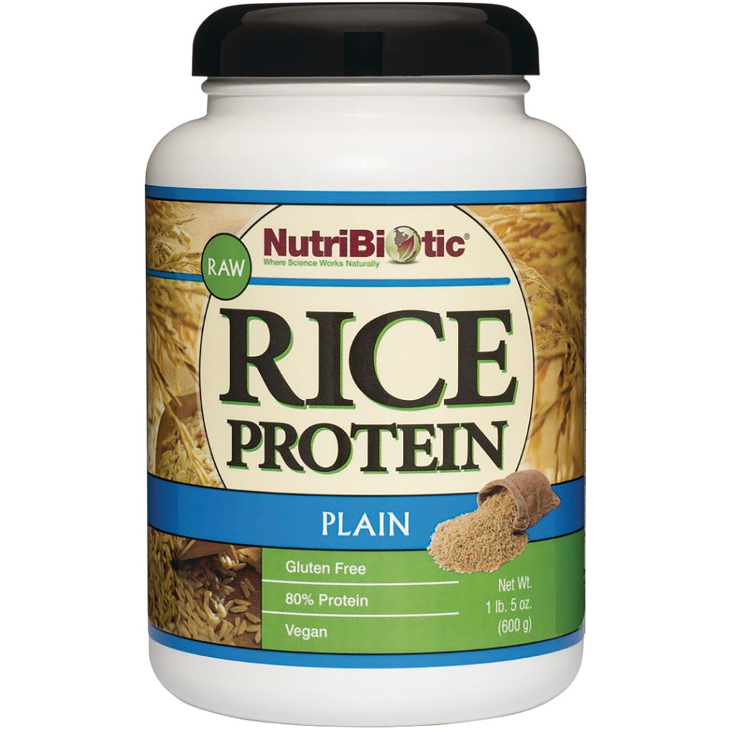 NUB005 | NutriBiotic Rice Protein plain powder container front label reading Rice Protein, Plain, Gluten Free, 80% Protein, Vegan - Thumbnail