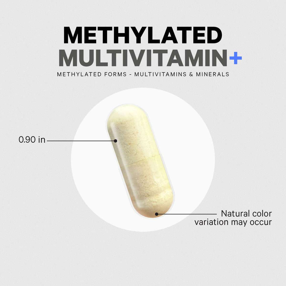 CDG042 | Methylated multivitamin capsule infographic showing 0.90 in size and natural color variation