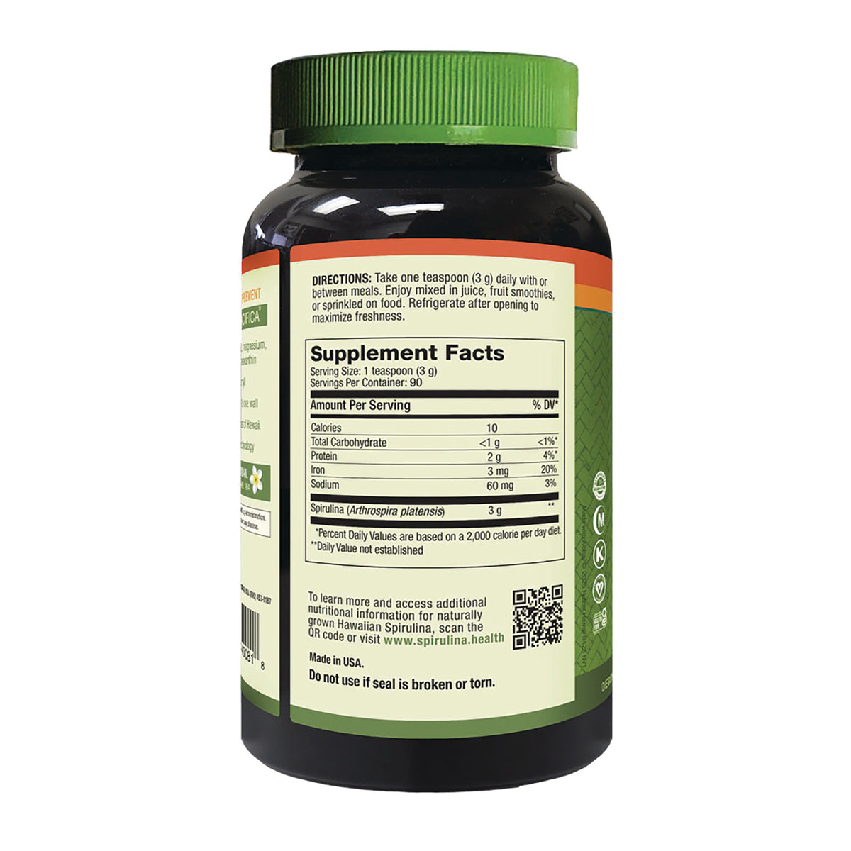 NUT027 | Back label of supplement bottle showing Supplement Facts panel, directions, and QR code