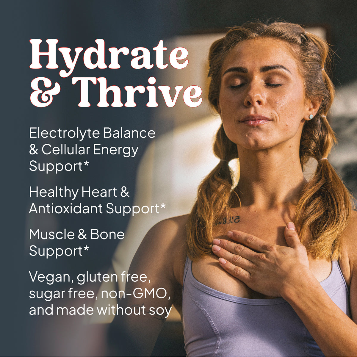 KL589 | Product infographic showing Hydrate & Thrive headline and benefits: electrolyte balance, heart and antioxidant support, muscle and bone support, vegan gluten free