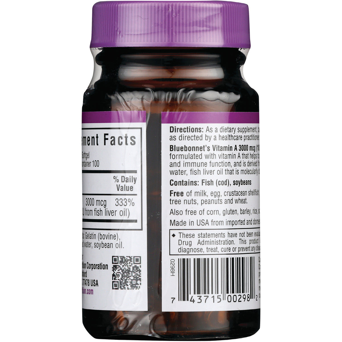 BLU121 | Back label of brown supplement bottle showing directions, contains statement, nutrition facts and barcode
