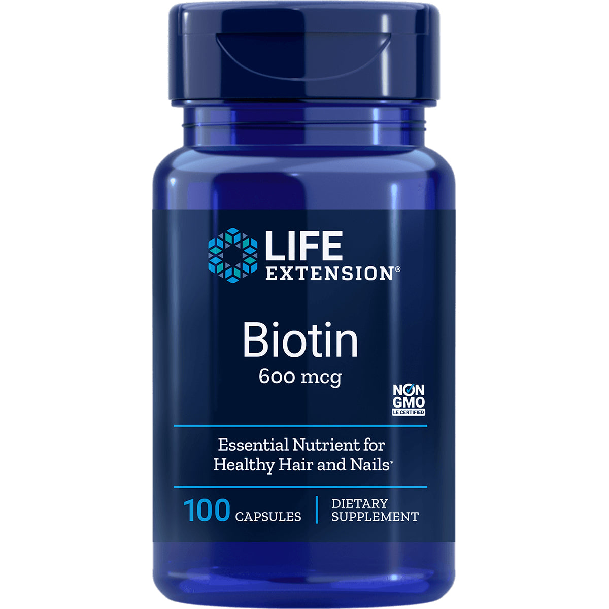 LE235 | Life Extension Biotin 600 mcg supplement bottle, front label showing 100 capsules