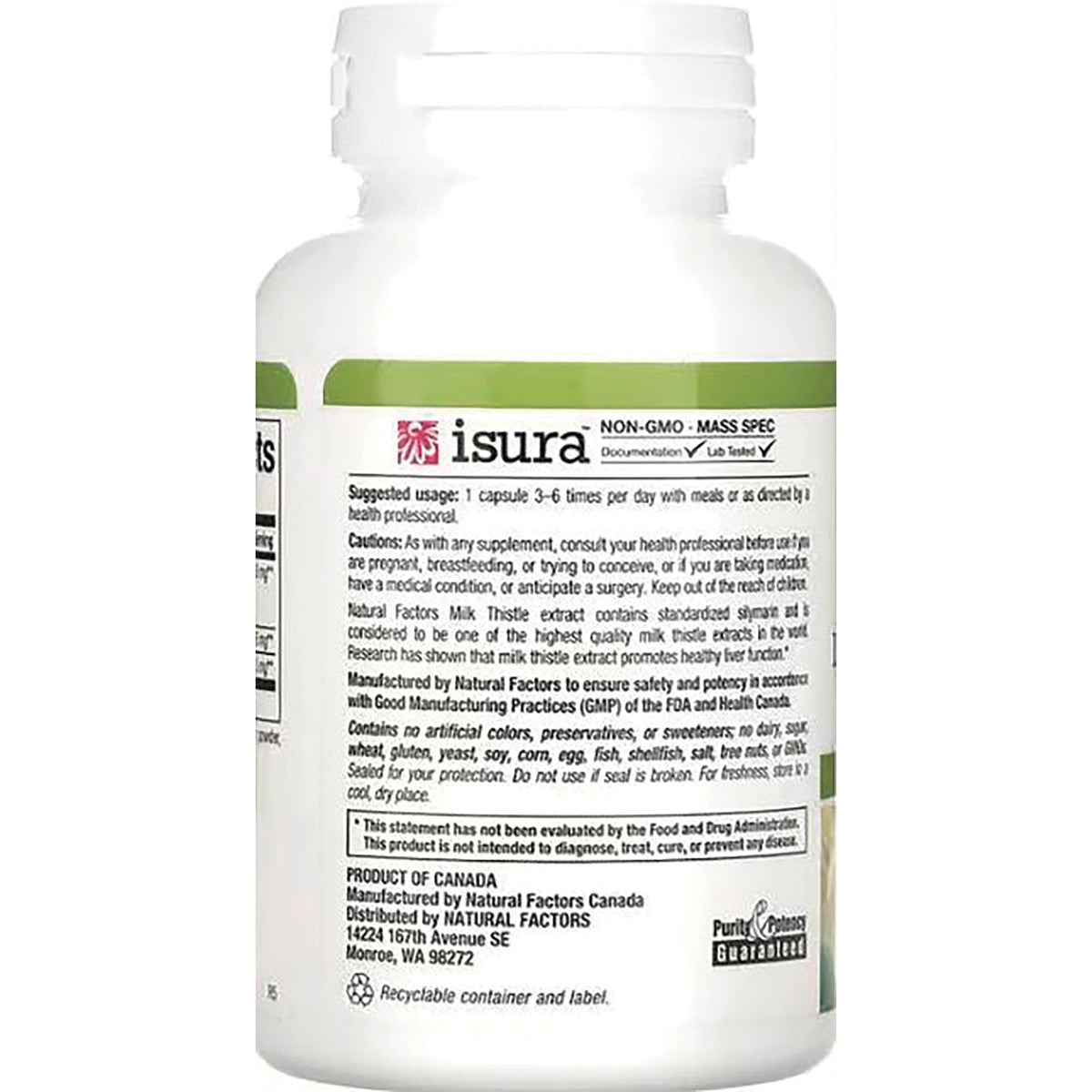 NFC073 | back of white supplement bottle label showing Isura logo, ingredients and warnings
