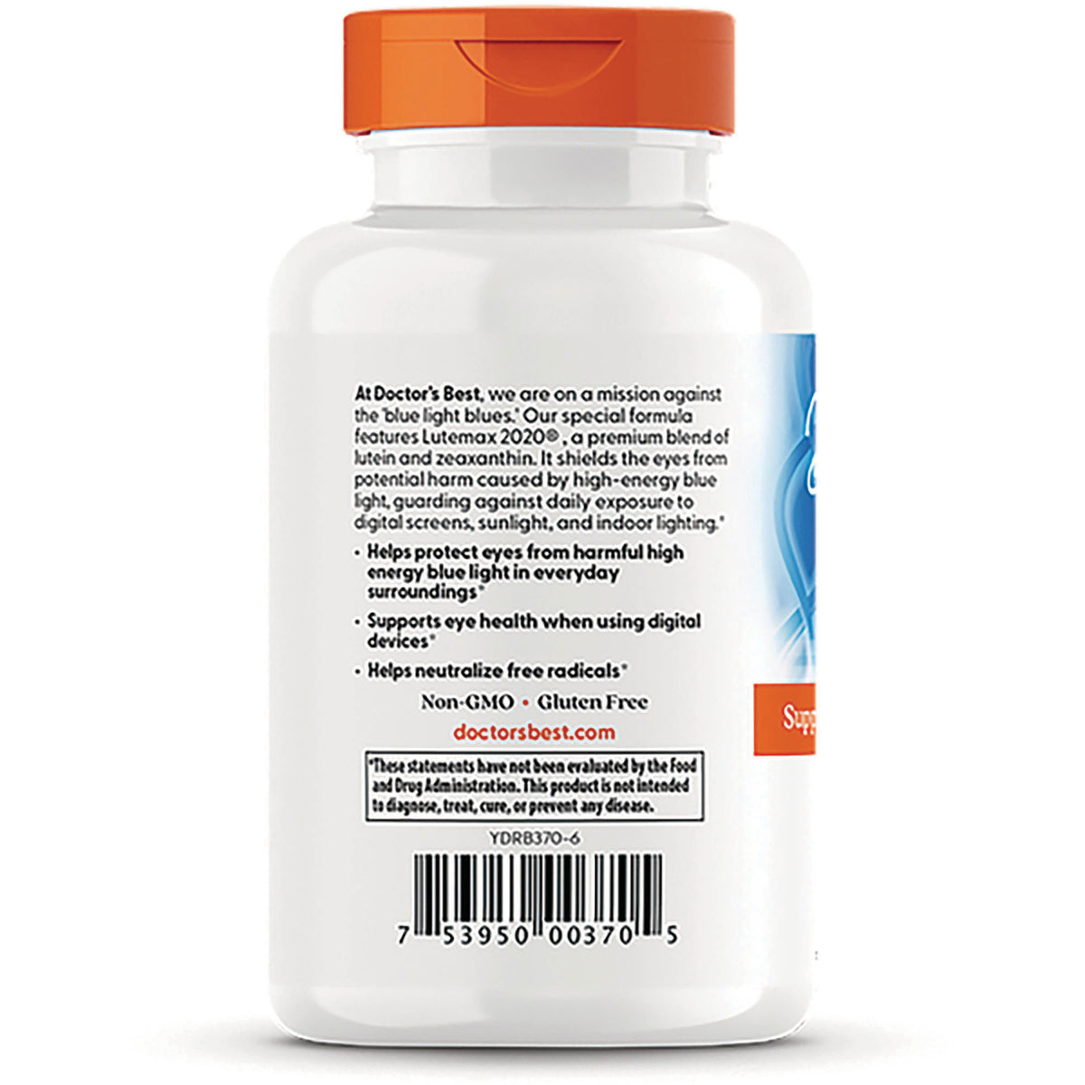 White supplement bottle back showing product description, benefit bullet points and barcode