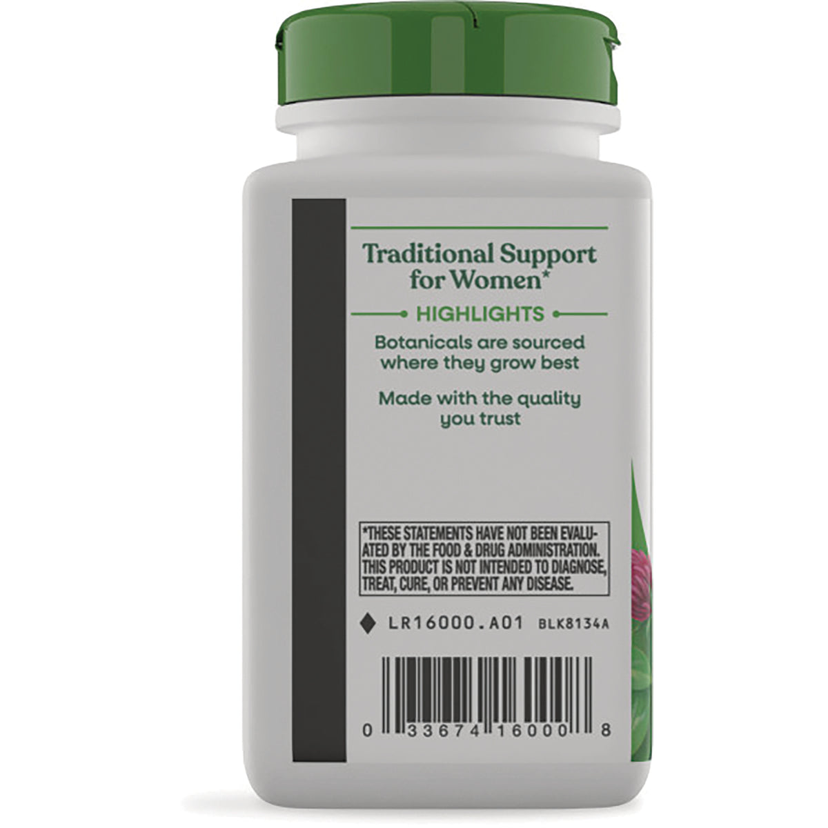 NW162 | back label of supplement bottle reading Traditional Support for Women highlights with barcode