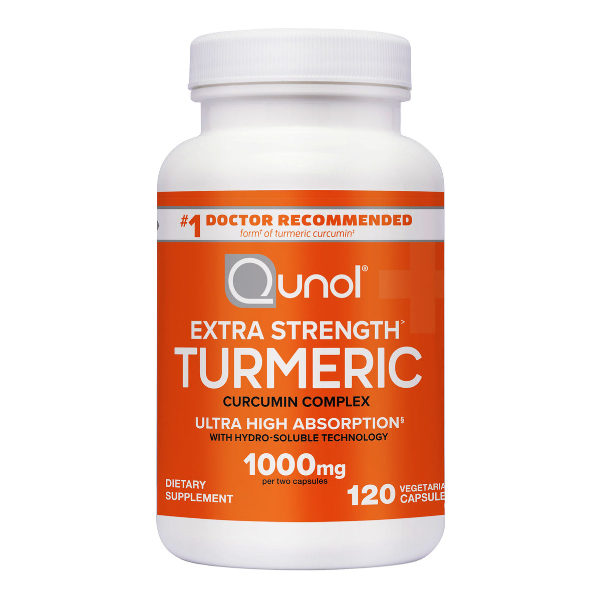 QNL010 | white supplement bottle with orange label reading Qunol Extra Strength Turmeric 1000mg 120 vegetarian capsules