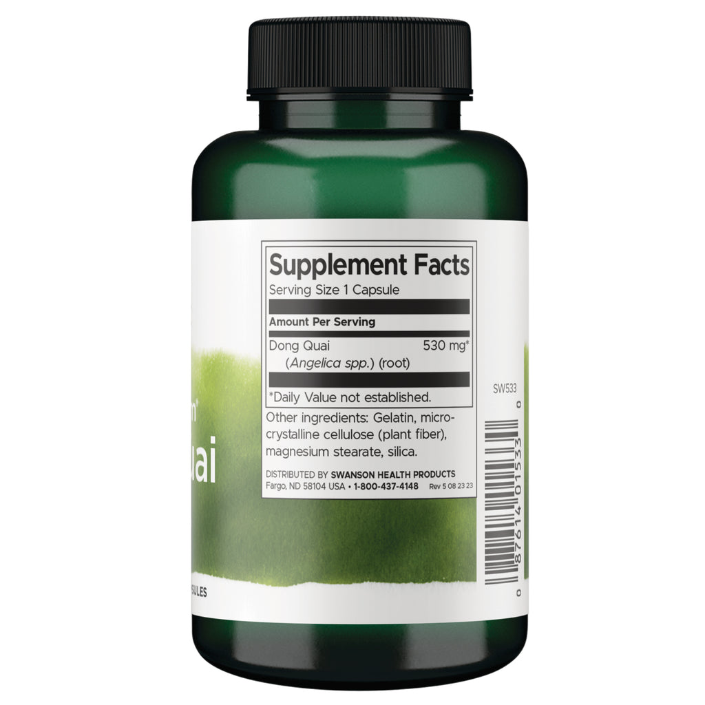SW533 | Supplement Facts panel for Dong Quai 530 mg, serving size 1 capsule, other ingredients and barcode - Thumbnail