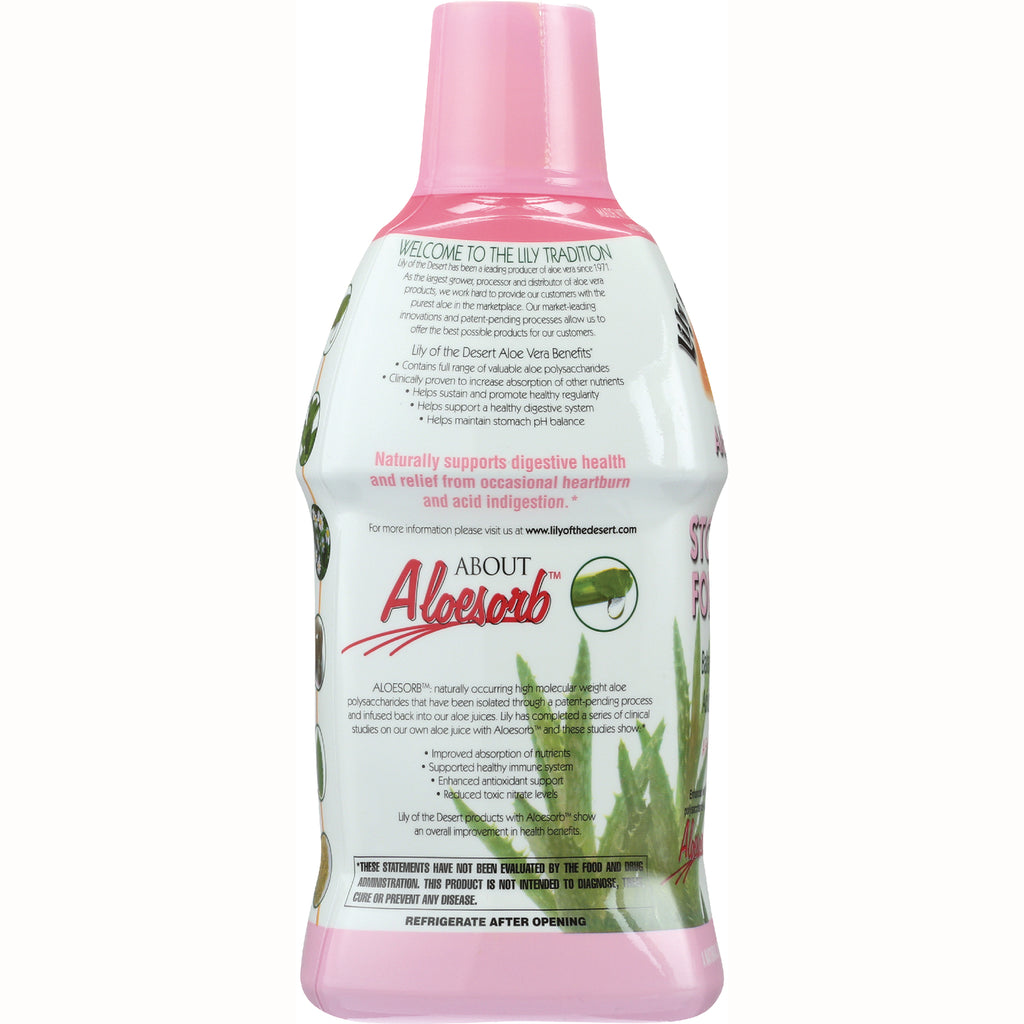LIL006 | Back of pink-capped aloe vera bottle showing product information label and About Aloesorb branding - Thumbnail