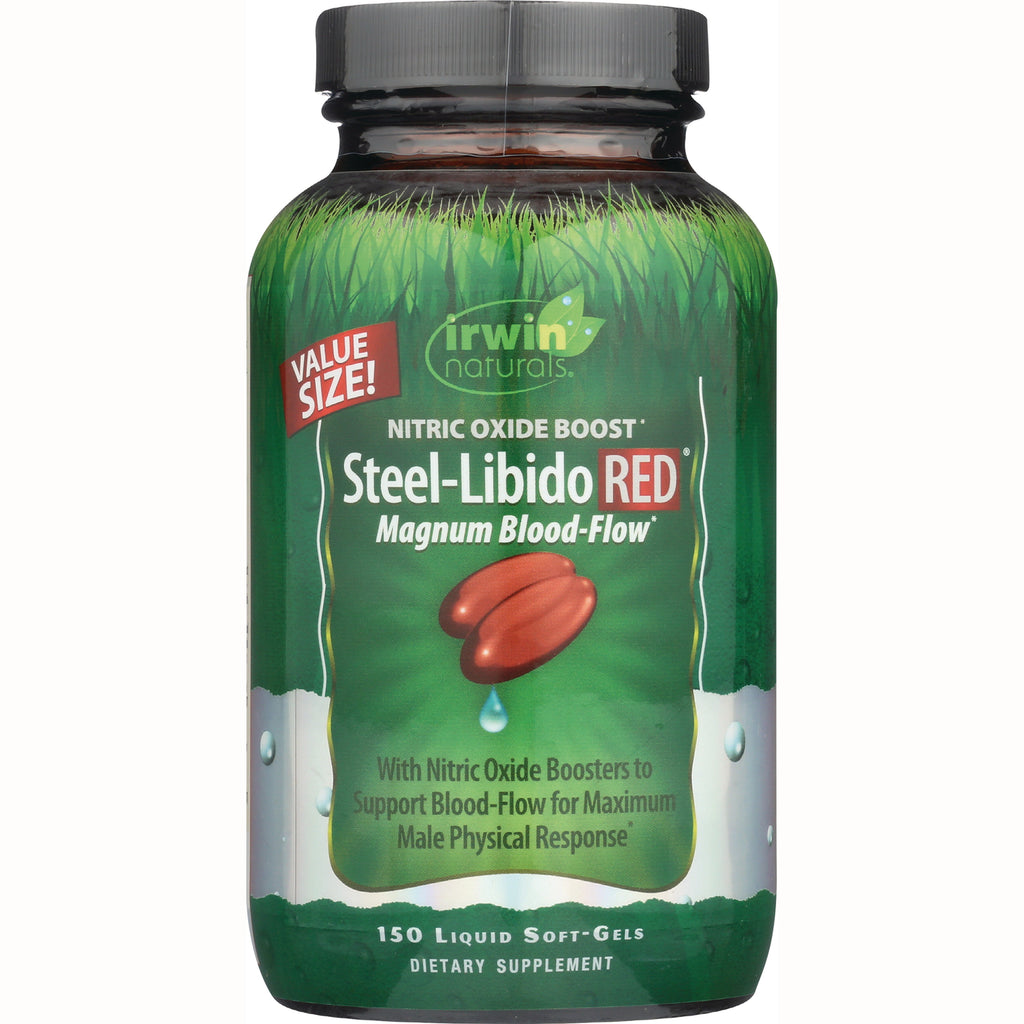 IR096 | Irwin Naturals Steel-Libido RED bottle with green label reading Steel-Libido RED Magnum Blood-Flow, 150 liquid soft-gels - Thumbnail