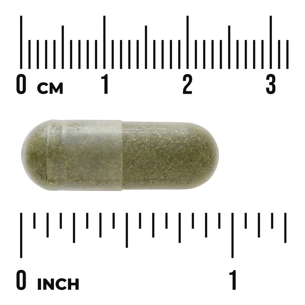 SWR050 | Size reference of green capsule with centimeter and inch rulers