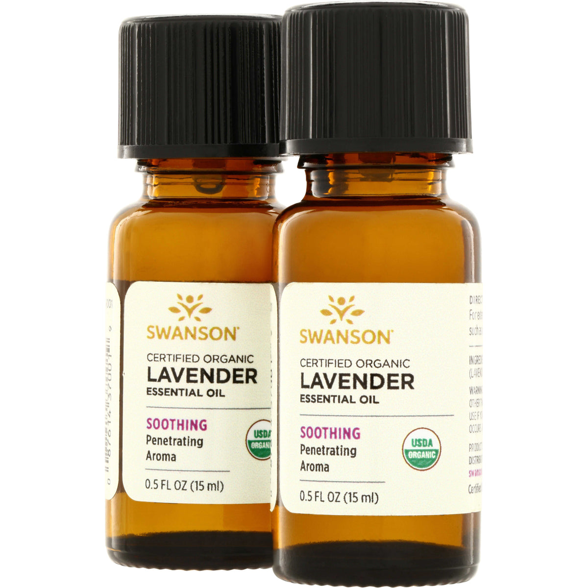 SWAR012 | Swanson Certified Organic Lavender Essential Oil, two 0.5 fl oz (15 ml) amber bottles, USDA Organic