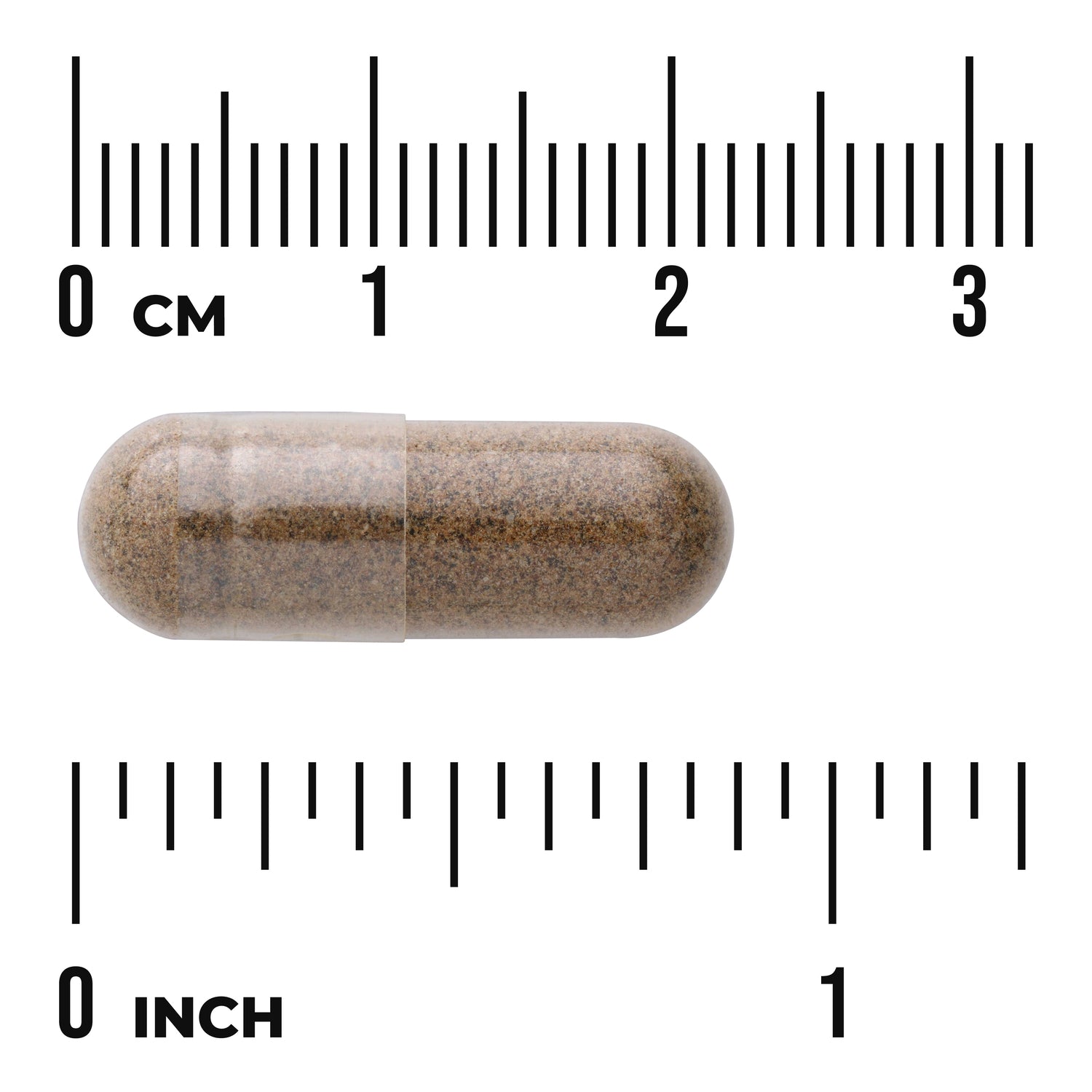 SWH039 | Clear two-piece capsule filled with brown powder shown next to centimeter and inch rulers for size reference