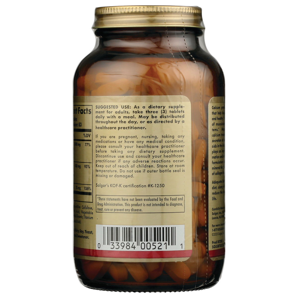 SLG266 | back label of amber supplement bottle showing suggested use text, barcode and tablets inside