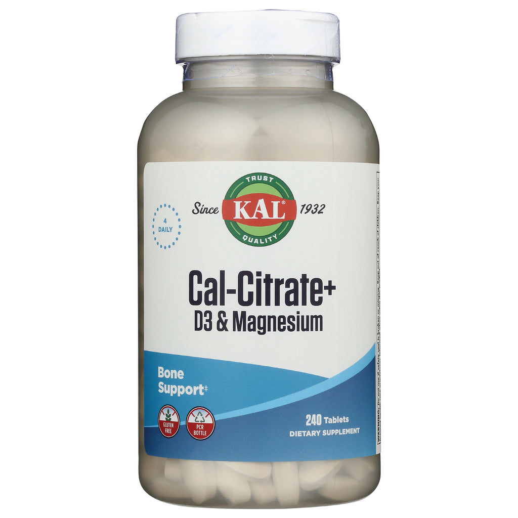 KL452 | KAL Cal-Citrate+ D3 & Magnesium 240 tablet white bottle with label reading Bone Support - Thumbnail