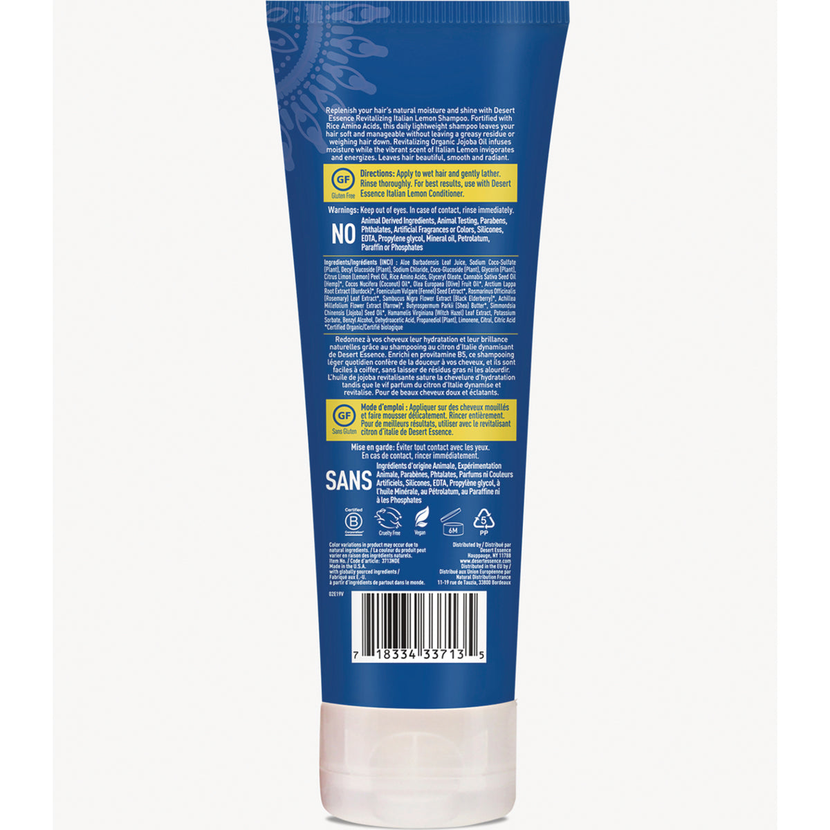 Back of blue shampoo tube with directions, ingredients list, NO/SANS claims and barcode