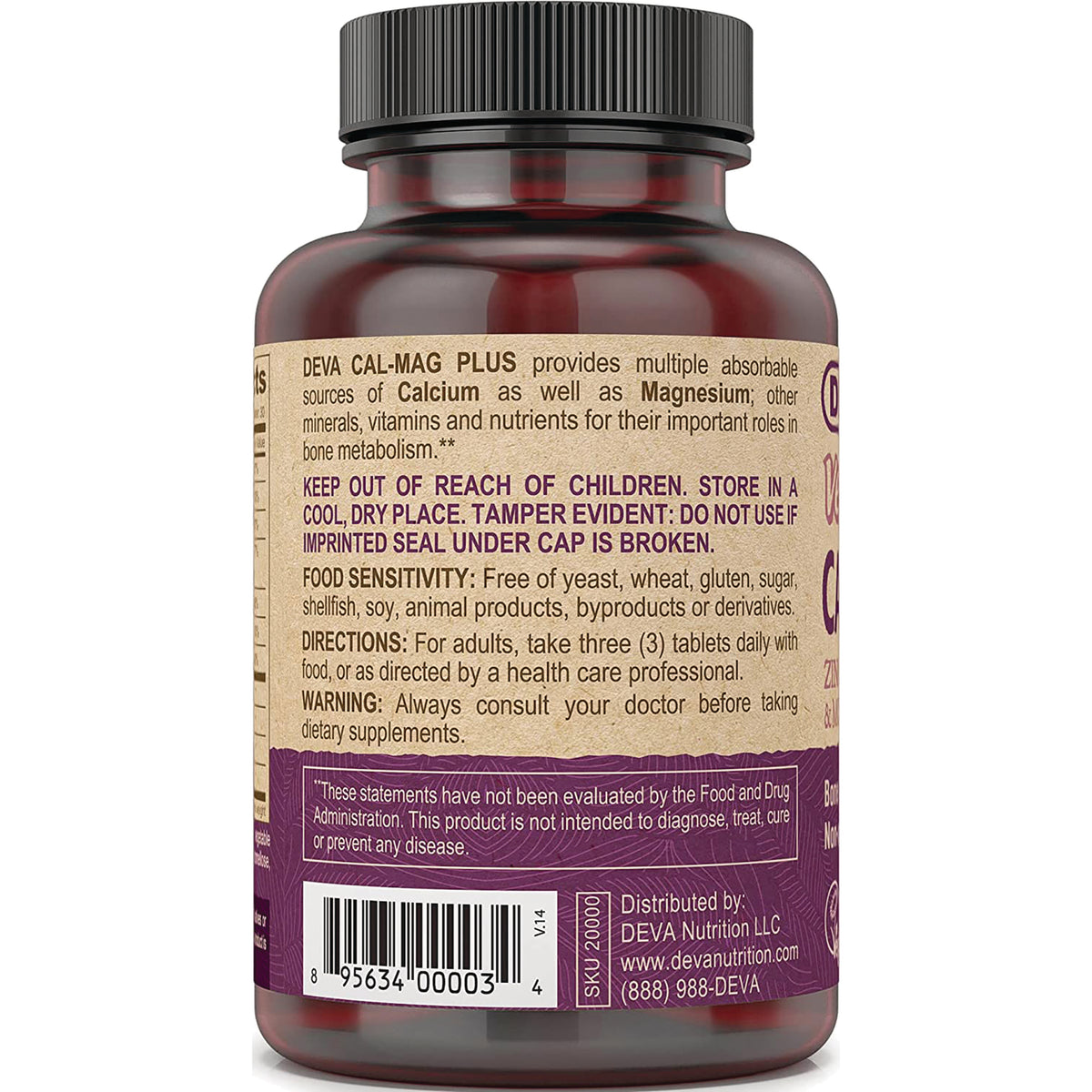 DEV009 | Back label of brown supplement bottle showing directions, warnings, ingredients and barcode