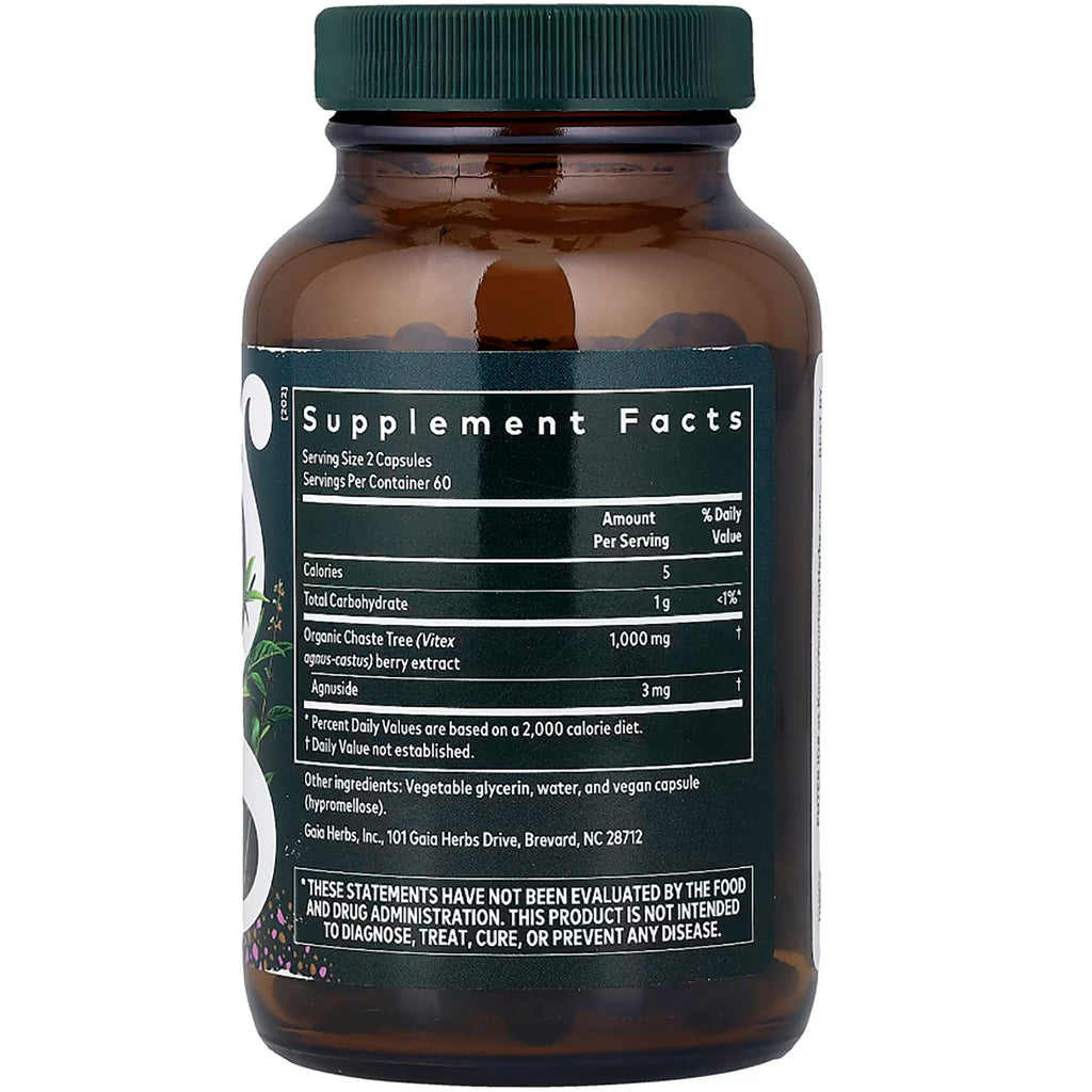 GH133 | Back label showing Supplement Facts with serving size 2 capsules, Organic Chaste Tree 1,000 mg, vegan gluten-free soy-free - Thumbnail