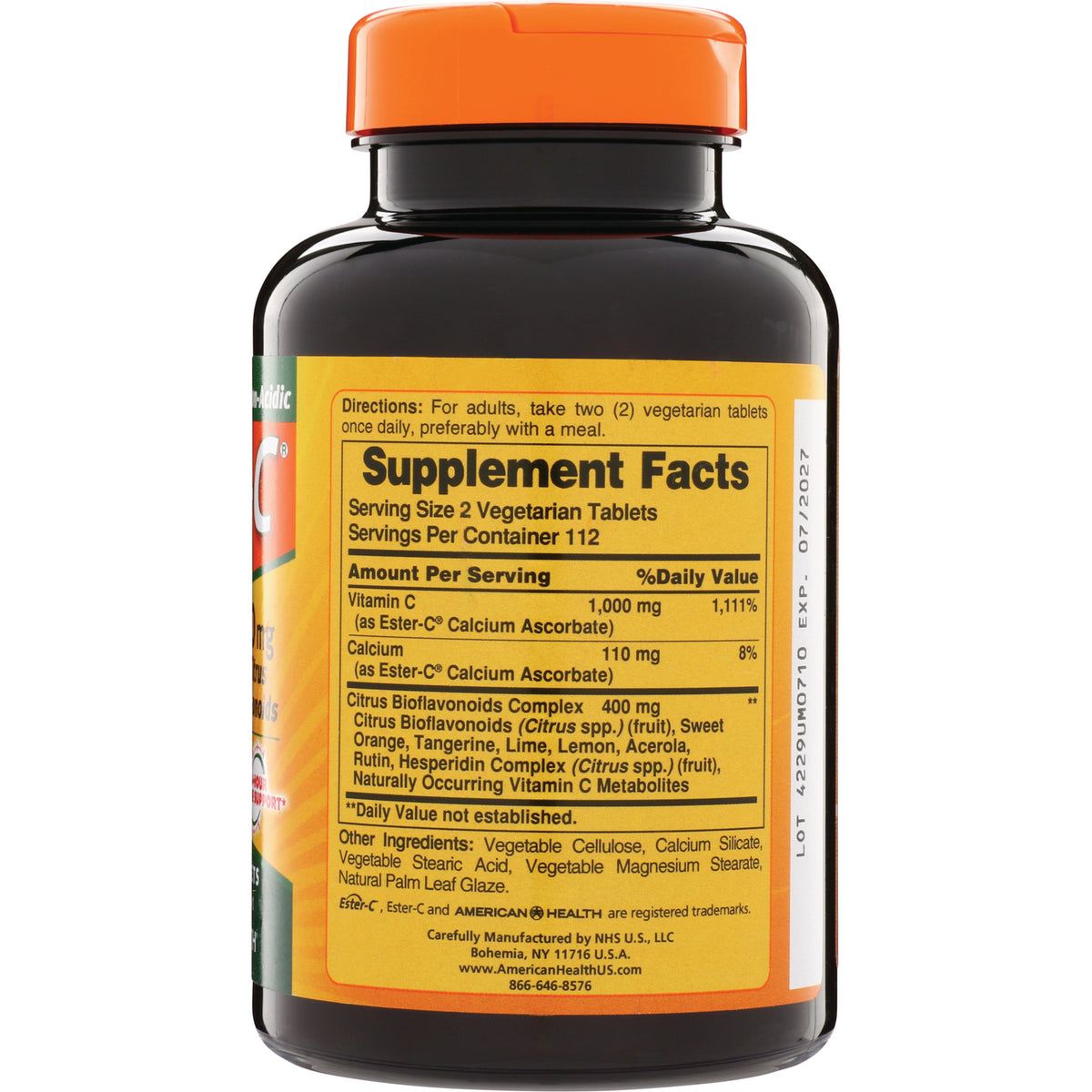 AM119 | Supplement Facts panel on vitamin C tablets bottle, serving size 2 vegetarian tablets