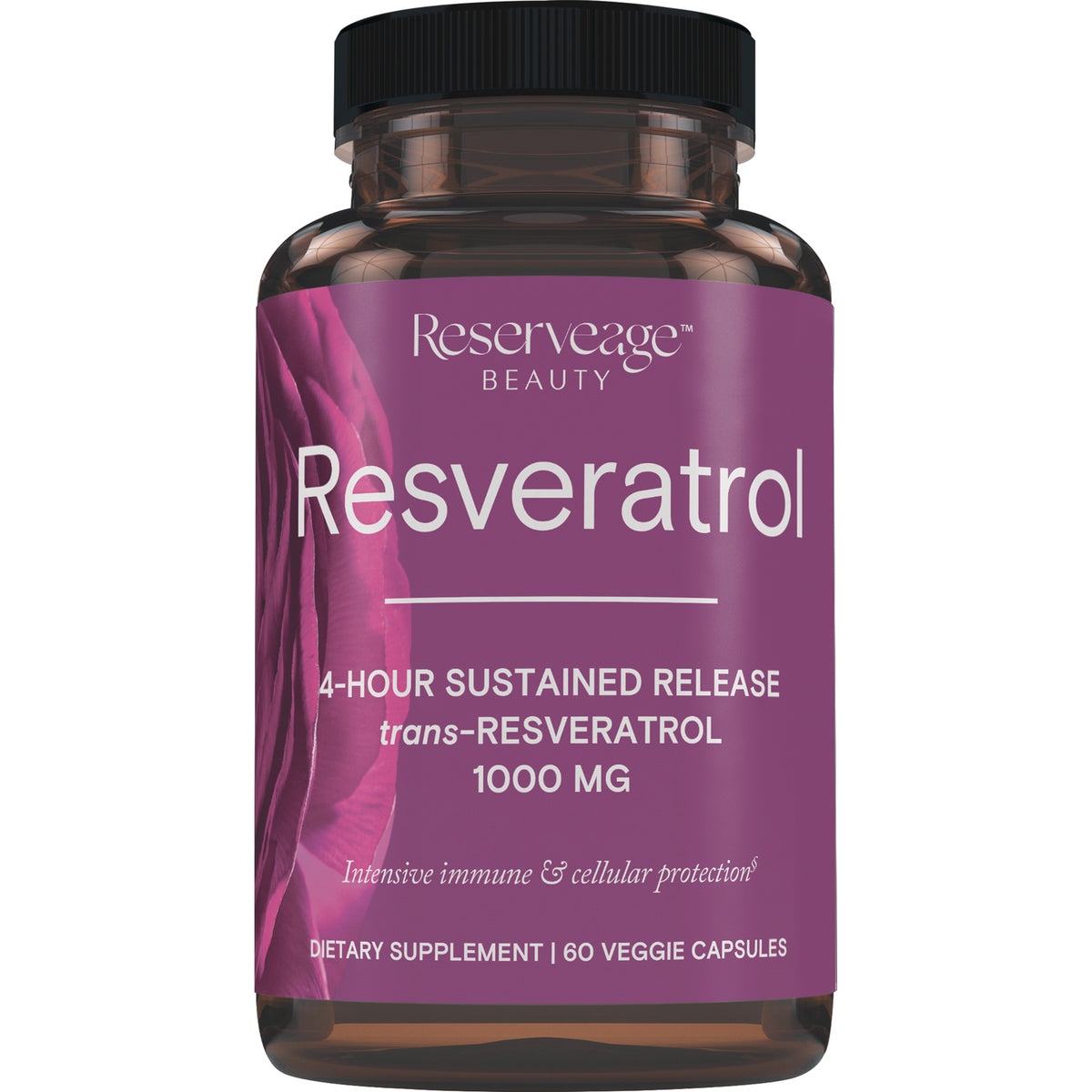 RSA039 | Reserveage Beauty Resveratrol bottle front label reading 4-hour sustained release trans-RESVERATROL 1000 MG, 60 veggie capsules