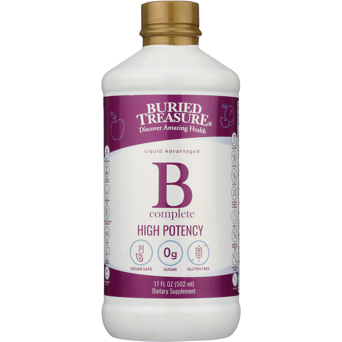 BTR001 | Buried Treasure B Complete high potency liquid supplement bottle 17 fl oz labeled 0g sugar vegan safe gluten free