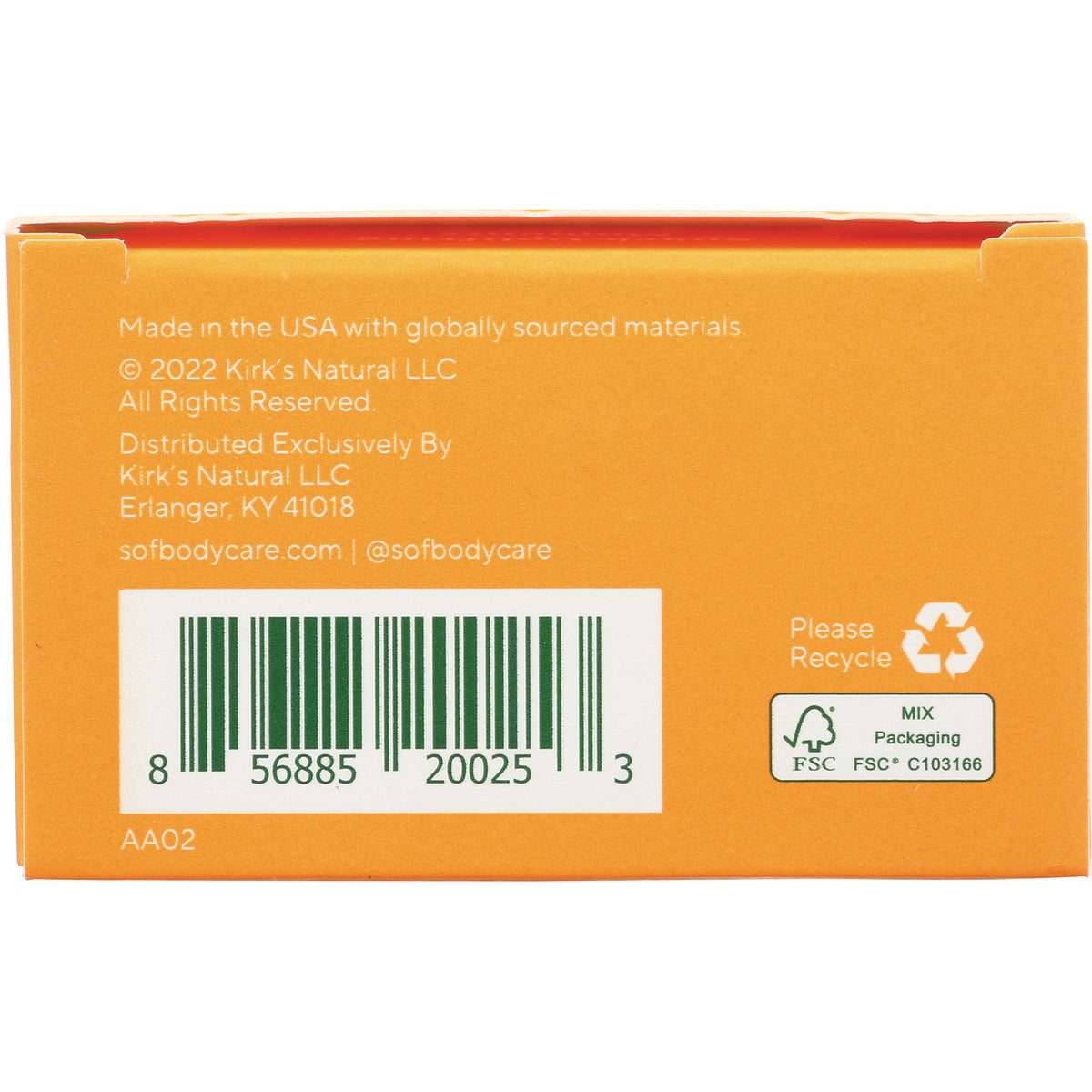 SOF011 | Orange soap box back with barcode, Made in the USA text, sofbodycare.com, and Please Recycle, FSC Mix logos