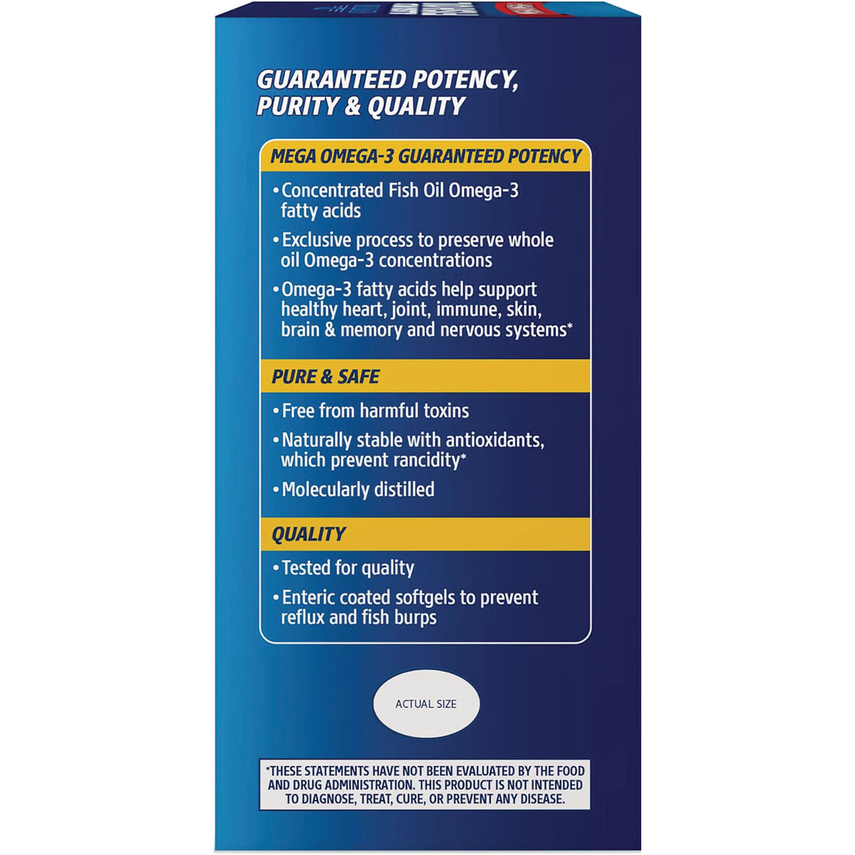 CNT008 | product infographic on blue box listing Mega Omega-3 guaranteed potency, pure & safe, and quality features