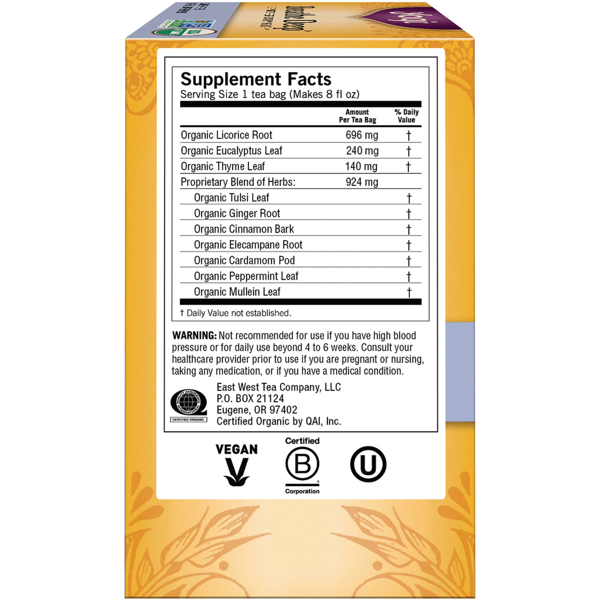AHW047 | Back panel with Supplement Facts, warning statement, and vegan, Certified B Corporation, and OU symbols
