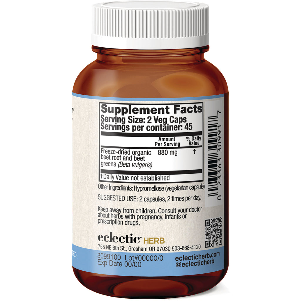 EC020 | Back label showing Supplement Facts for freeze-dried beet root veg caps; serving size 2 veg caps, 880 mg, suggested use and warnings - Thumbnail