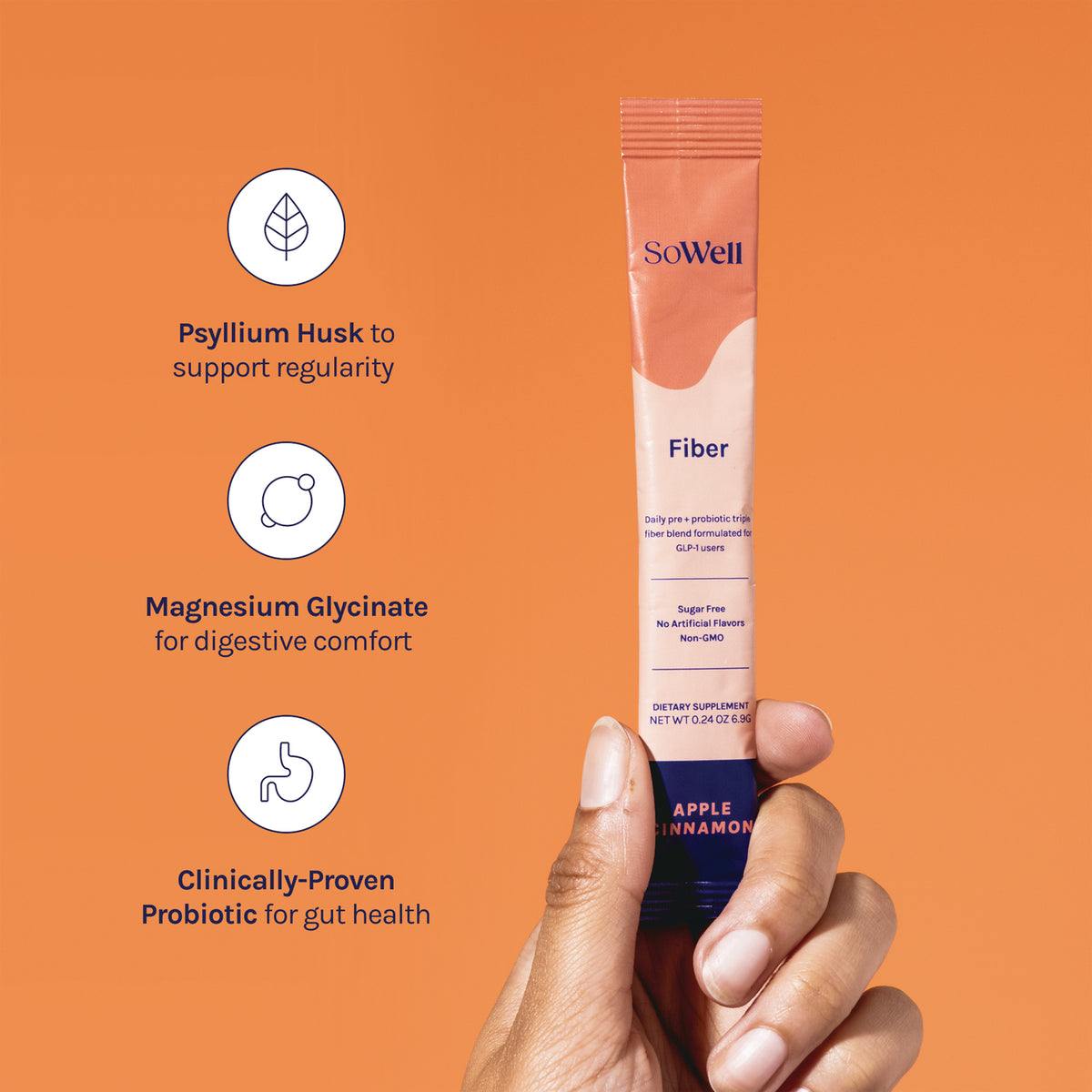 SOW003 | SoWell Fiber stick pack with benefits: Psyllium Husk, Magnesium Glycinate, Clinically-Proven Probiotic