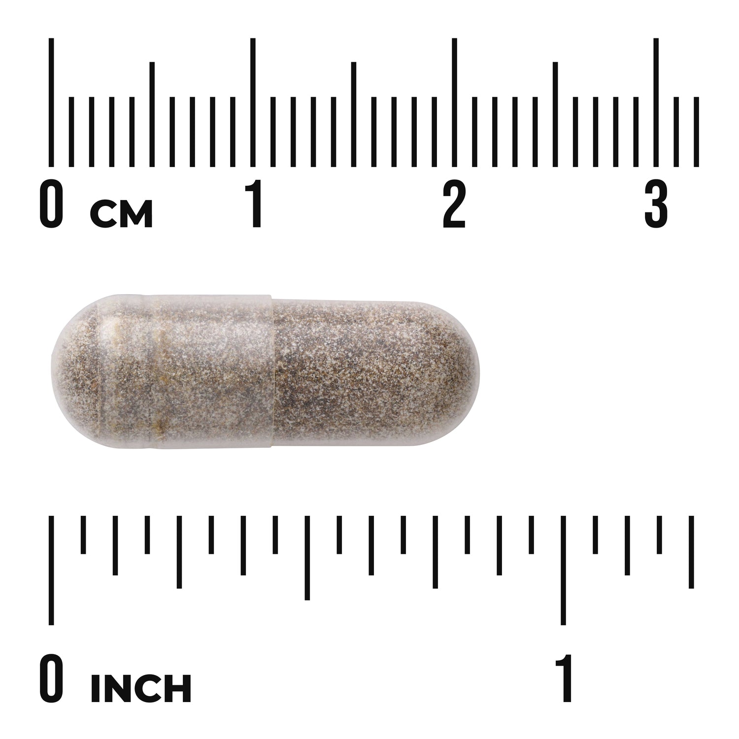 SWU855 | Clear capsule with brown powder beside cm and inch rulers