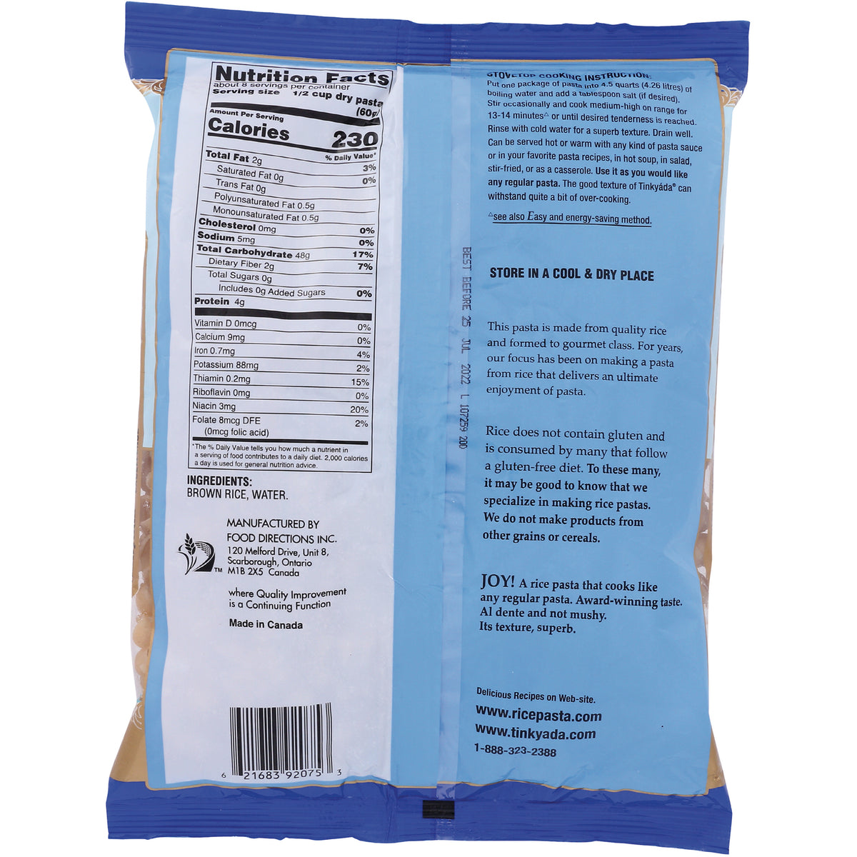 TKY011 | Back of rice pasta package with Nutrition Facts panel and ingredients: brown rice, water