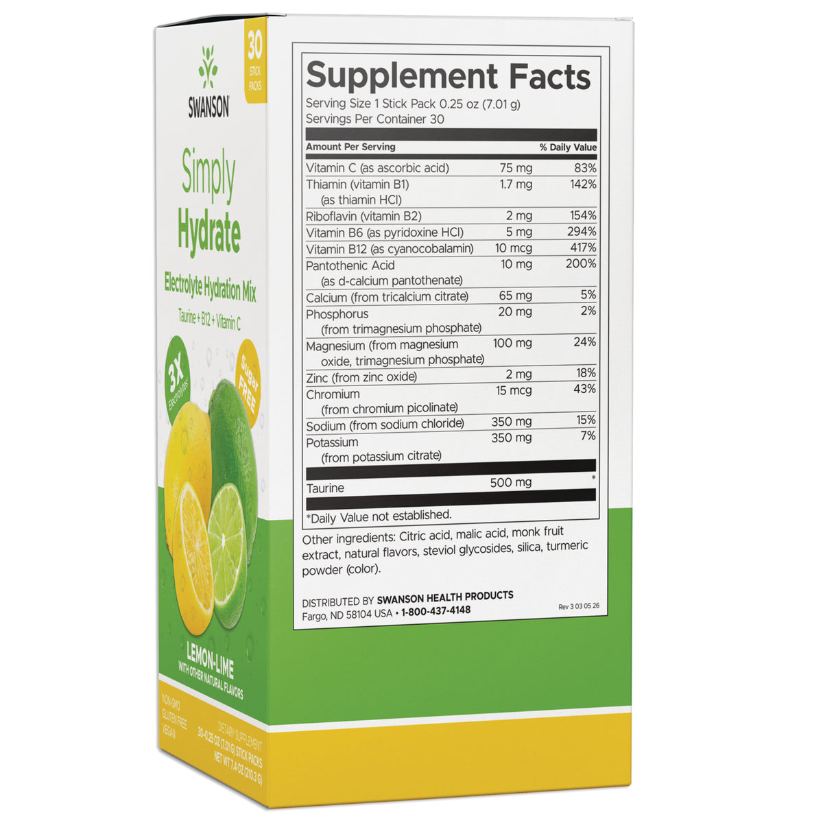 SW1897 |Back of Simply Hydrate lemon-lime box showing Supplement Facts panel, ingredients and contact information