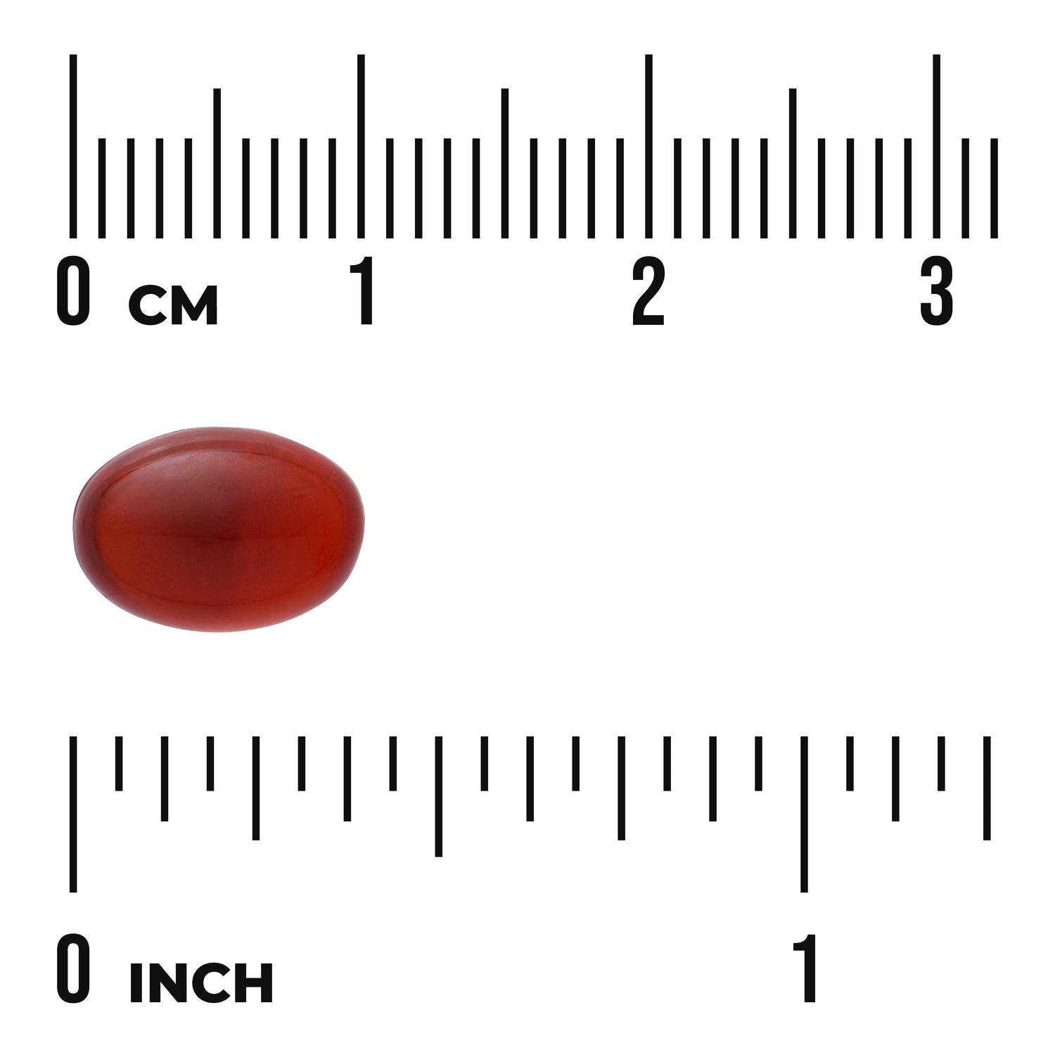 SWU526 | Red softgel capsule beside rulers in centimeters and inches for size reference