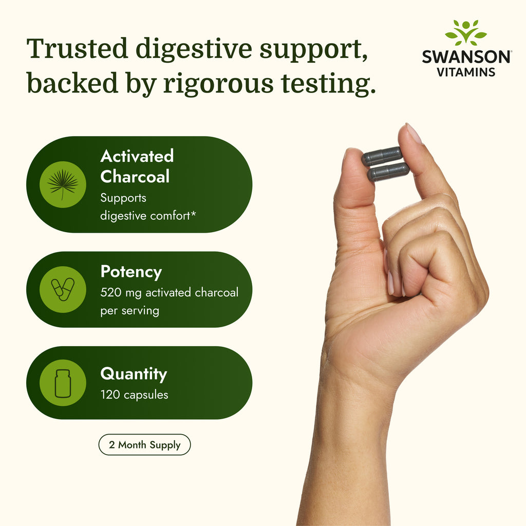 SW1355 | Swanson Vitamins activated charcoal capsules, 120 count, with two capsules held in hand - Thumbnail