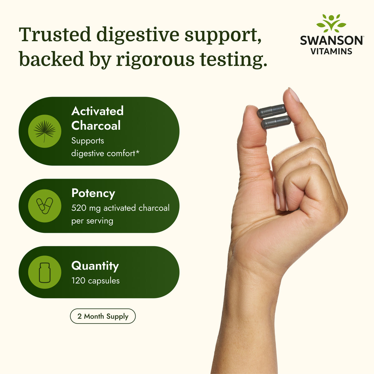 SW1355 | Swanson Vitamins activated charcoal capsules, 120 count, with two capsules held in hand